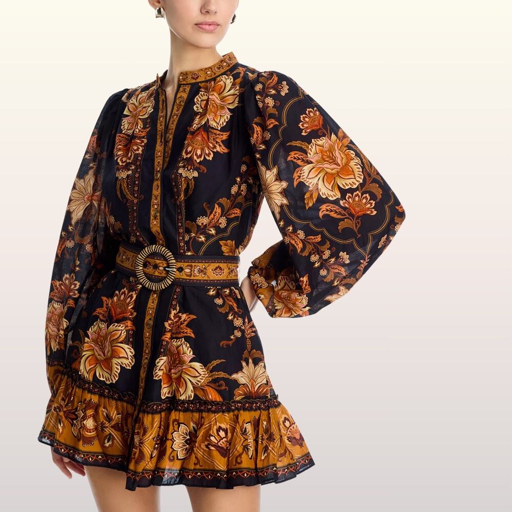 NWT Farm Rio Majestic Garden Black Mini Dress Size M Floral Boho Belted Ruffle - Picture 2 of 11